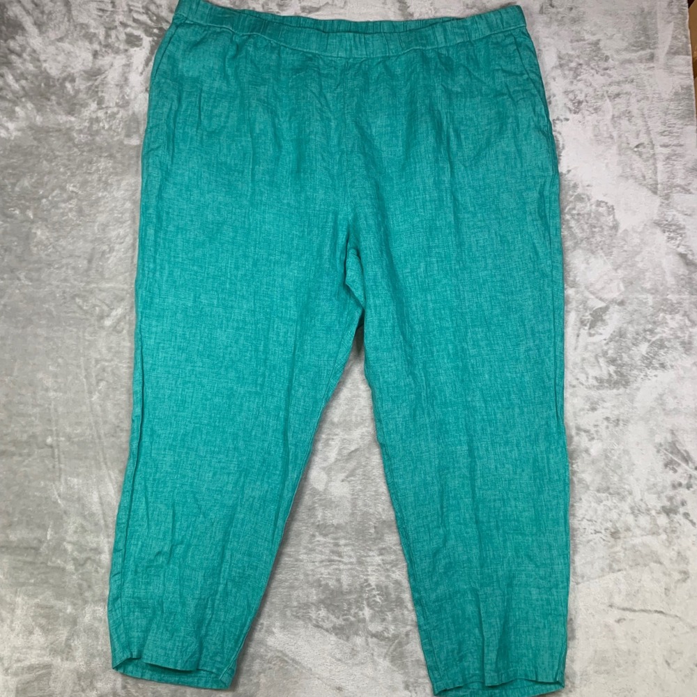 Eileen Fisher Washed Organic Linen Delave Tapered Ankle Pant Teal 3X Pull On NEW
